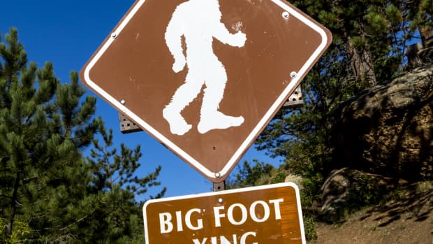 Bigfoot crossing sign that reads "Due to sightings in the area of a creature resembling 'big foot' this sign has been posted for your safety".