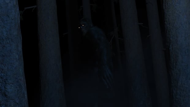 Illustration of a Bigfoot Sasquatch cryptid with glowing eyes in a forest lit by moonlight.