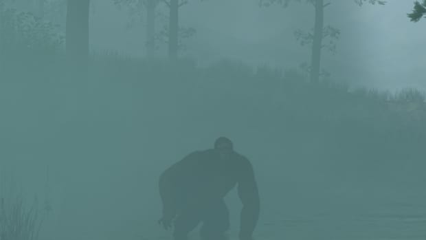 Illustration of a bigfoot sasquatch cryptid in a foggy swamp environment.