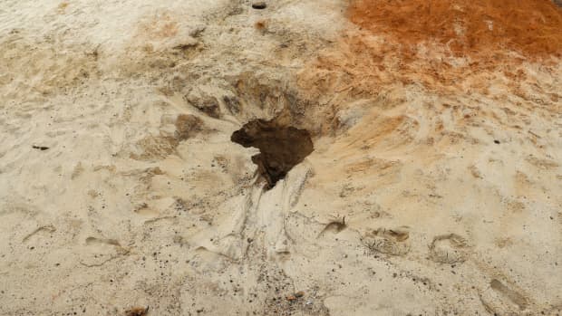 A small sinkhole in the sand.