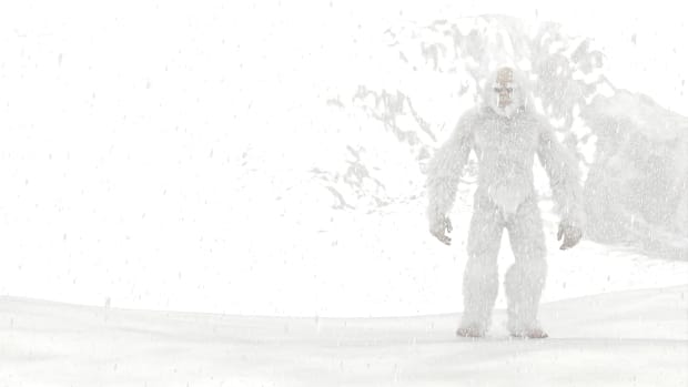 Illustration of a yeti  (bigfoot or sasquatch) cryptid on a snow covered mountain.