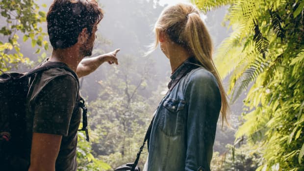 Male and female hikers pointing into the distance, facing away from camera, trees all around