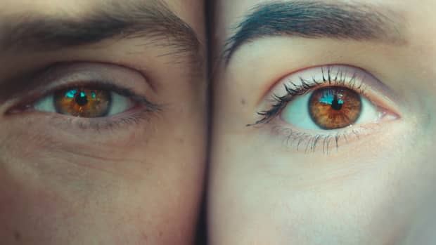 A close up on two people with very similar eye color side by side