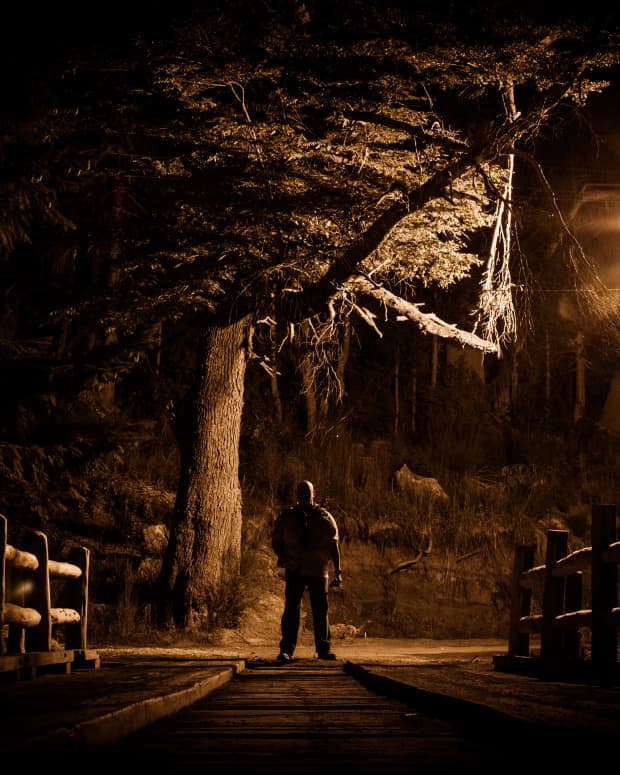 Scary, shadowy figure standing under a tree on a dark road.