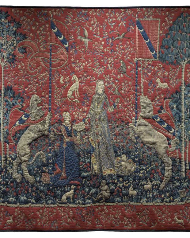 Medieval tapestry of a unicorns and maidens