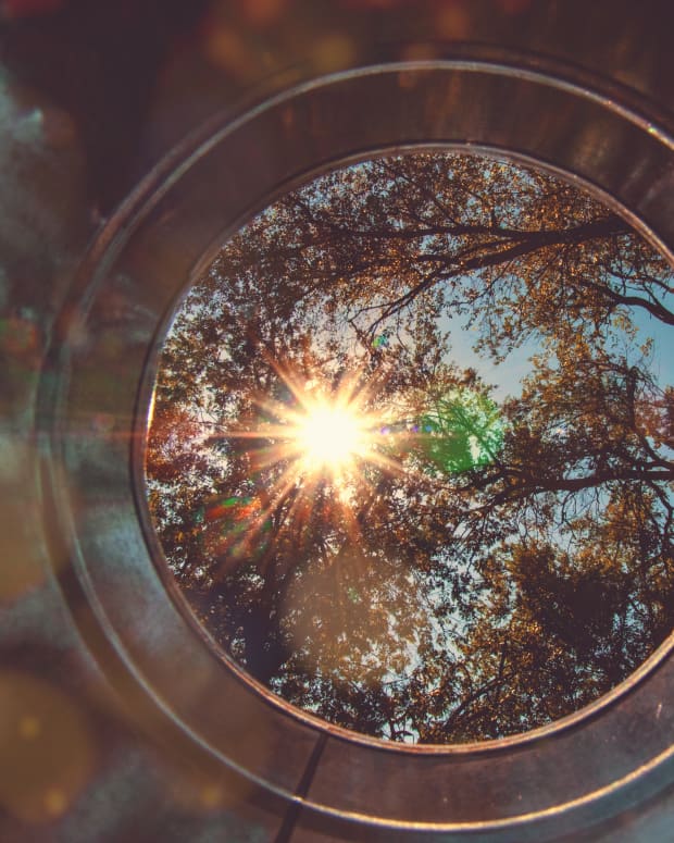 shot of a sunlit forest through a metal cylinder