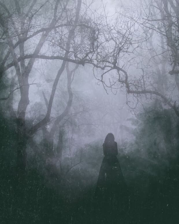 Spooky silhouette of a woman in the misty woods
