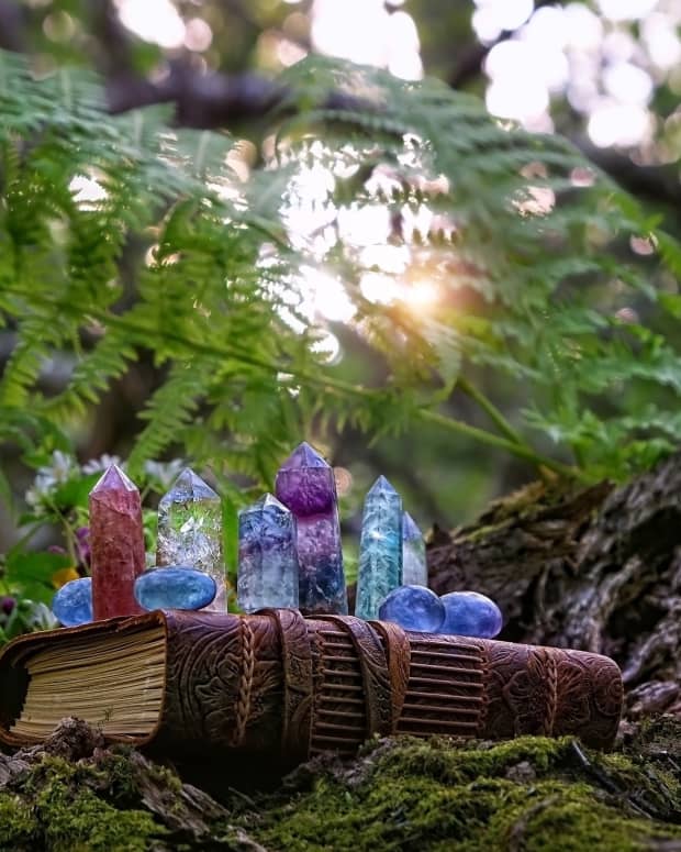 An array of colorful crystals atop an old, leatherbound book against a sun-dappled backdrop of logs and ferns