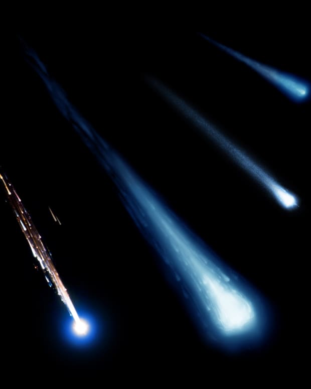 A bunch of meteors streak across the sky
