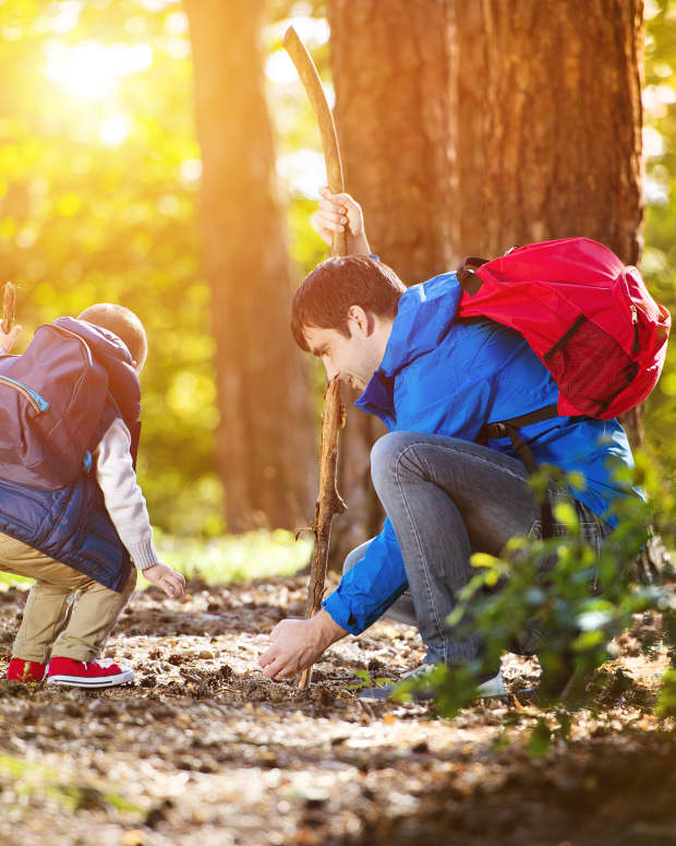 a white man and a small white boy in hiking gear and backpacks kneels beneath a tree to examine the forest trail. they are dappled in sunlight.