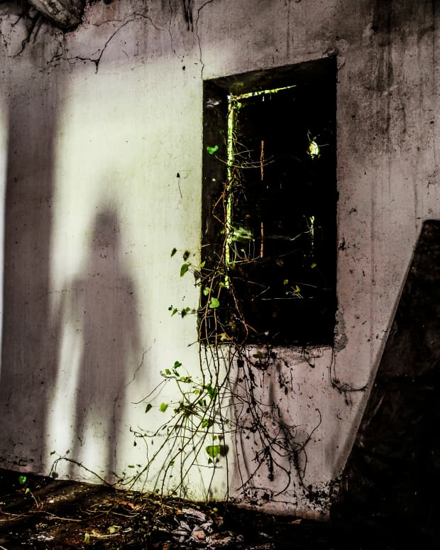 Mysterious shadows of a woman on the wall of an abandoned house.