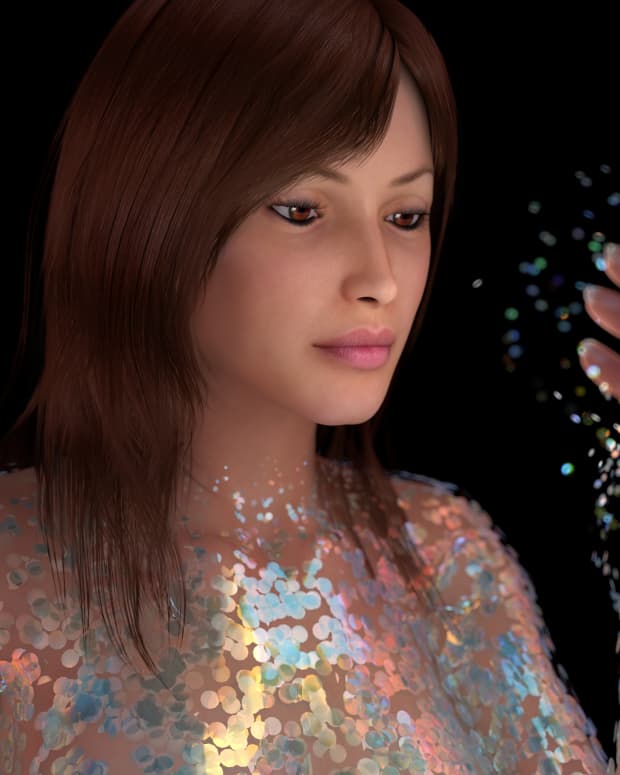 a robotic, 3d illustrated woman is covered in glowing scales