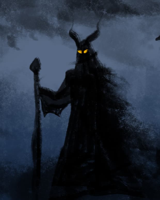 an artistic rendering of a humanoid, batwinged demon with glowing yellow eyes and a staff