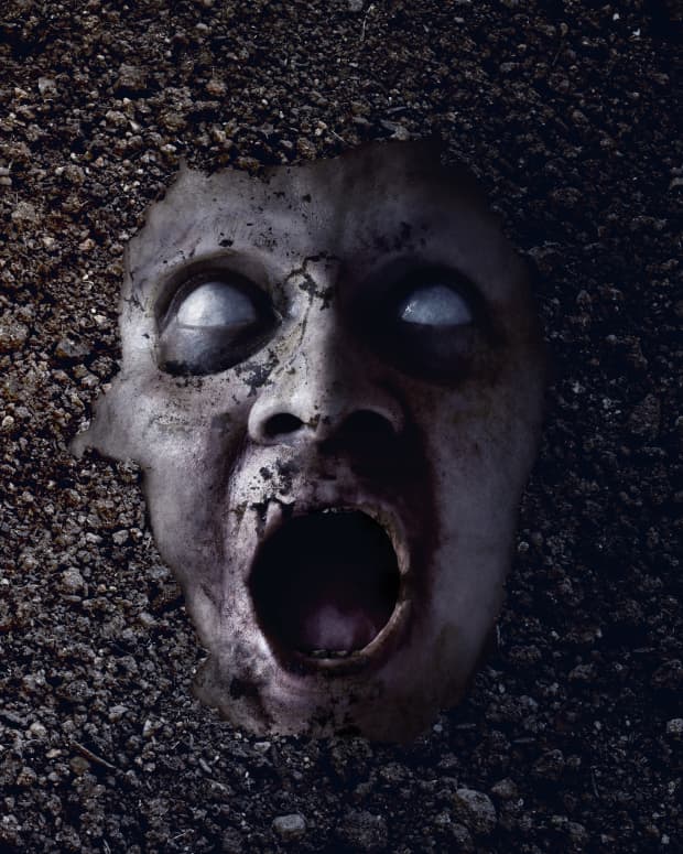 a terrifying zombiefied face appears to emerge, screaming, from the dirt. Its eyes are white and cloud, its skin the color of stone.