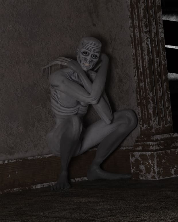 a pale, skinny humanoid creature with long limbs and sharp claws huddles in a corner, looking scared.