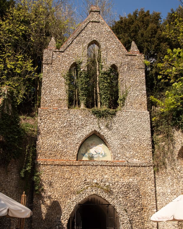 The Gothic Cathedral type entrance to the Hellfire Caves, West Wycombe, Buckinghamshire, England