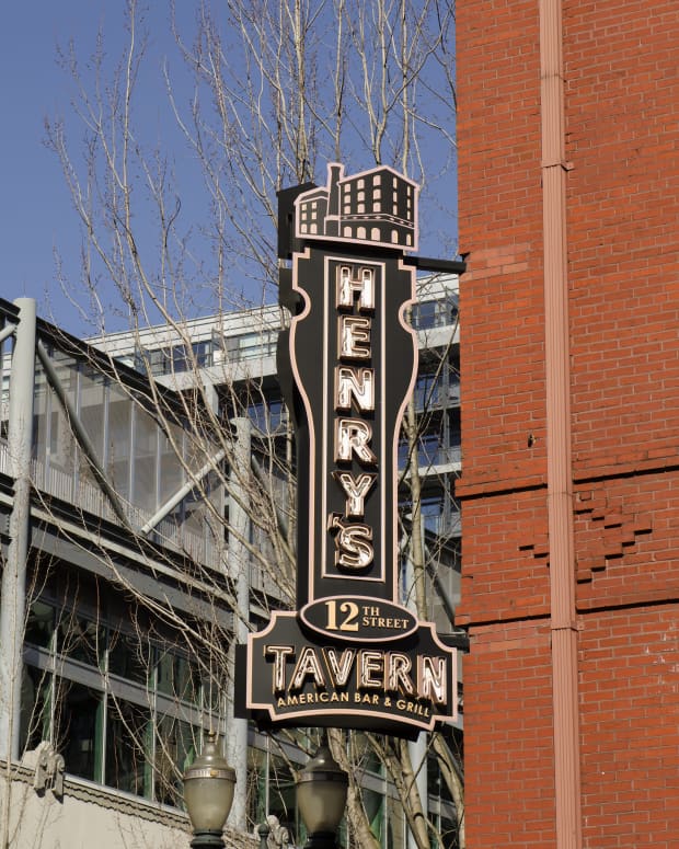 A sign for Henry Weinhard's tavern in Portland, Oregon
